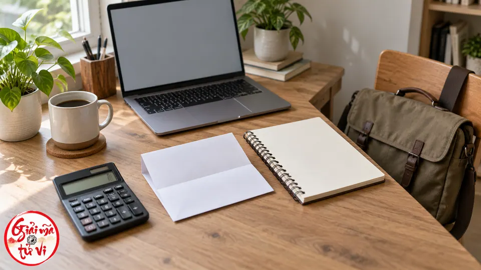 Tờ giấy gấp trắng và sổ mở bên máy tính cầm tay, laptop màn hình xám; túi đi làm đặt trên ghế