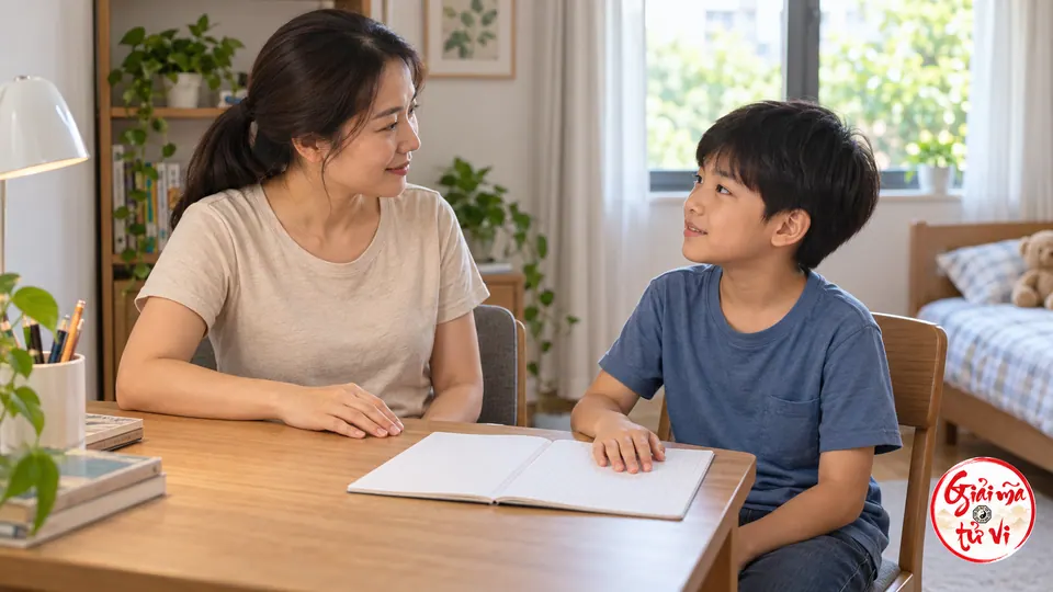 Người mẹ và bé trai ngồi đối diện bên vở mở; mỗi người đặt một tay trên bàn