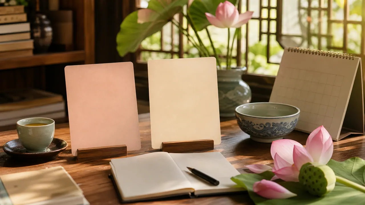 Bàn trà Việt với hoa sen, hai thẻ bài tượng trưng cho cầu duyên và cầu tự, sổ tay ghi chép nguyện ước và bát gốm trong ánh sáng thanh tịnh