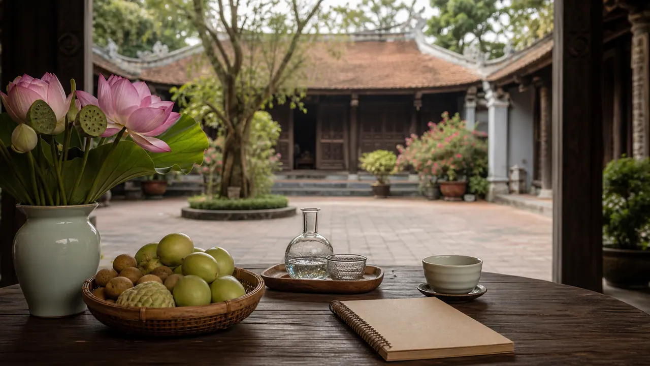 Minh họa chuẩn bị đi cầu duyên ở Chùa Hà với sân chùa Việt, hoa sen, mâm quả, nước, trà và sổ tay trống