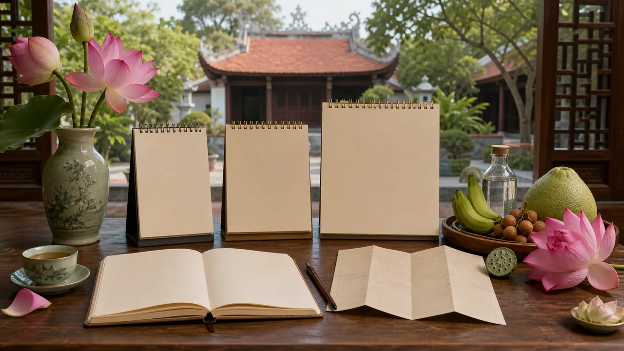 Lộ trình 24 giờ, 7 ngày và 30 ngày khi đi cầu duyên ở Chùa Hà với ba bảng trống, sổ tay, bản đồ trống, hoa sen và trà