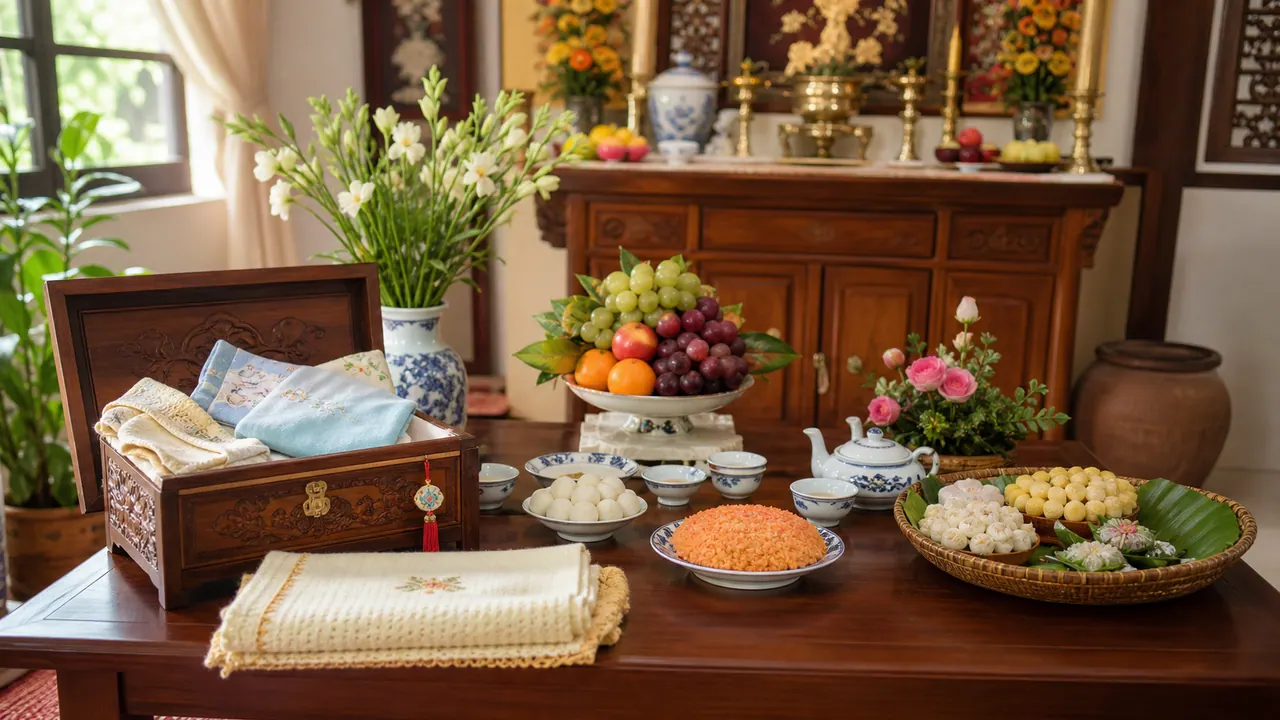 Bàn lễ đầy tháng thôi nôi trong nhà Việt với mâm quả, xôi chè, hoa, trà, hộp kỷ niệm, khăn em bé và bàn gia tiên phía sau