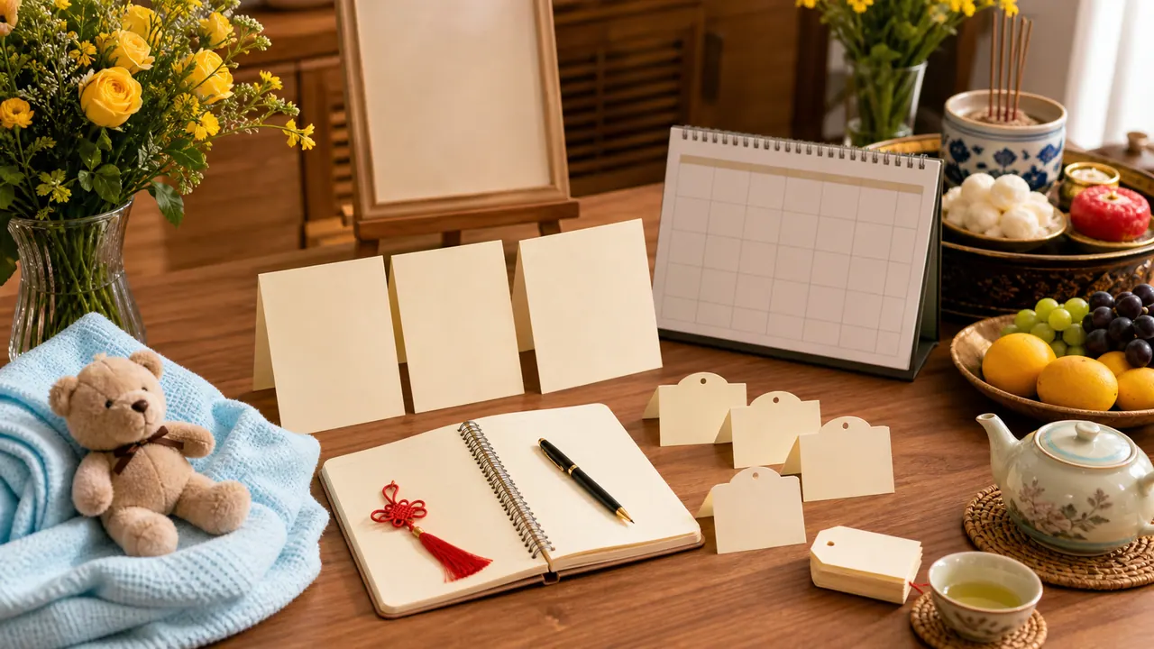 Bàn kế hoạch sau lễ với ba thẻ mốc trống, lịch tháng trống, sổ gia đình, khăn em bé, đồ chơi mềm, trà, hoa và mâm quả đơn giản