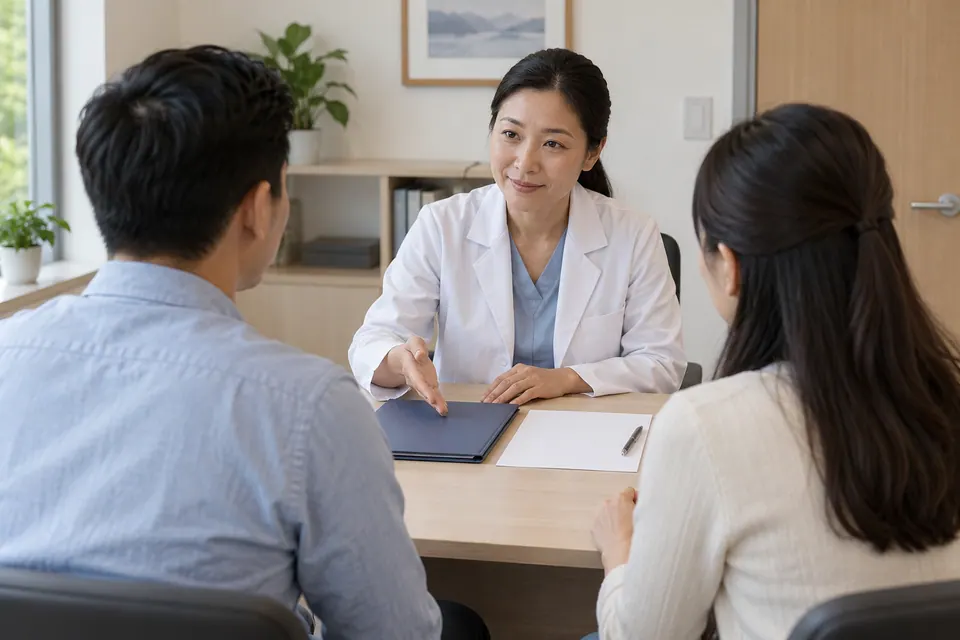 Một cặp đôi trao đổi với nhân viên y tế trong phòng tư vấn, cạnh hồ sơ trên bàn
