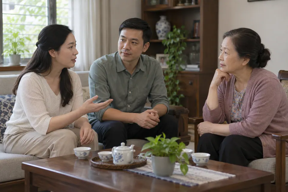 Cặp đôi và một người thân lớn tuổi trò chuyện quanh bàn trà