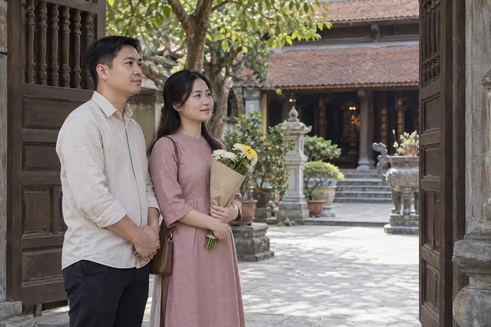 Hai người cầm bó hoa nhỏ đứng ở sân một nơi thờ tự