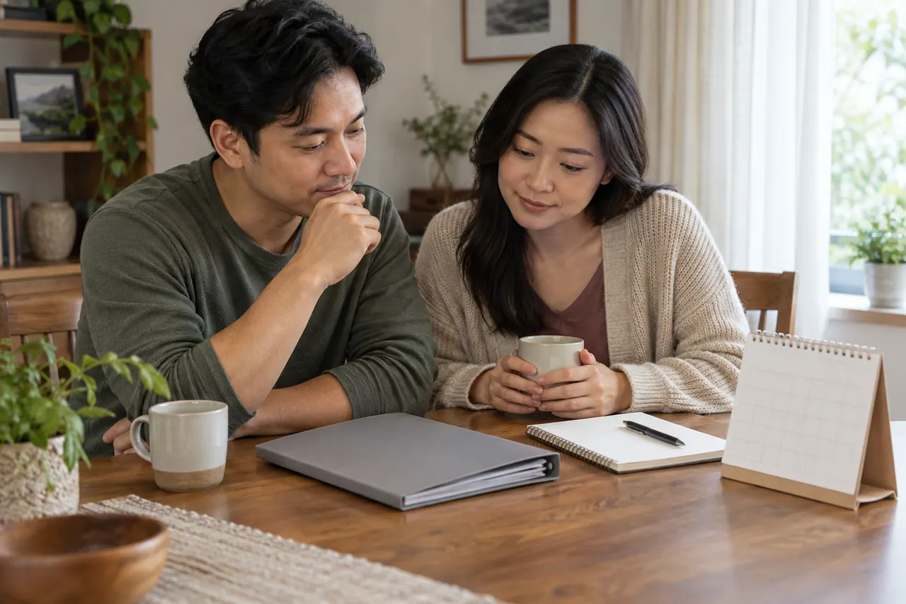 Hai người ngồi bên bàn tại nhà, cùng xem hồ sơ và sổ ghi chép
