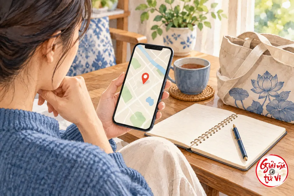 Người phụ nữ xem điện thoại có dấu vị trí cạnh sổ tay mở và túi vải
