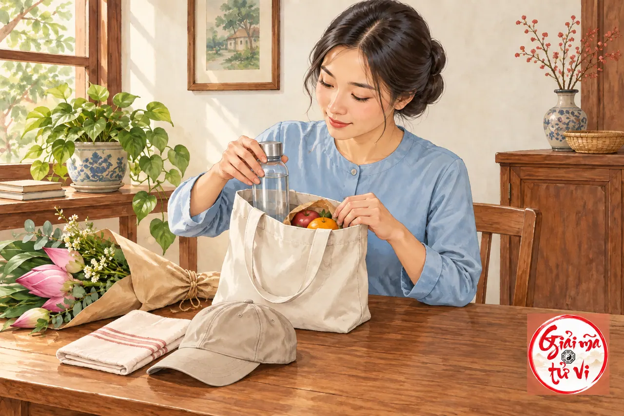 Người phụ nữ xếp chai nước và trái cây vào túi vải, hoa gói giấy để bên cạnh