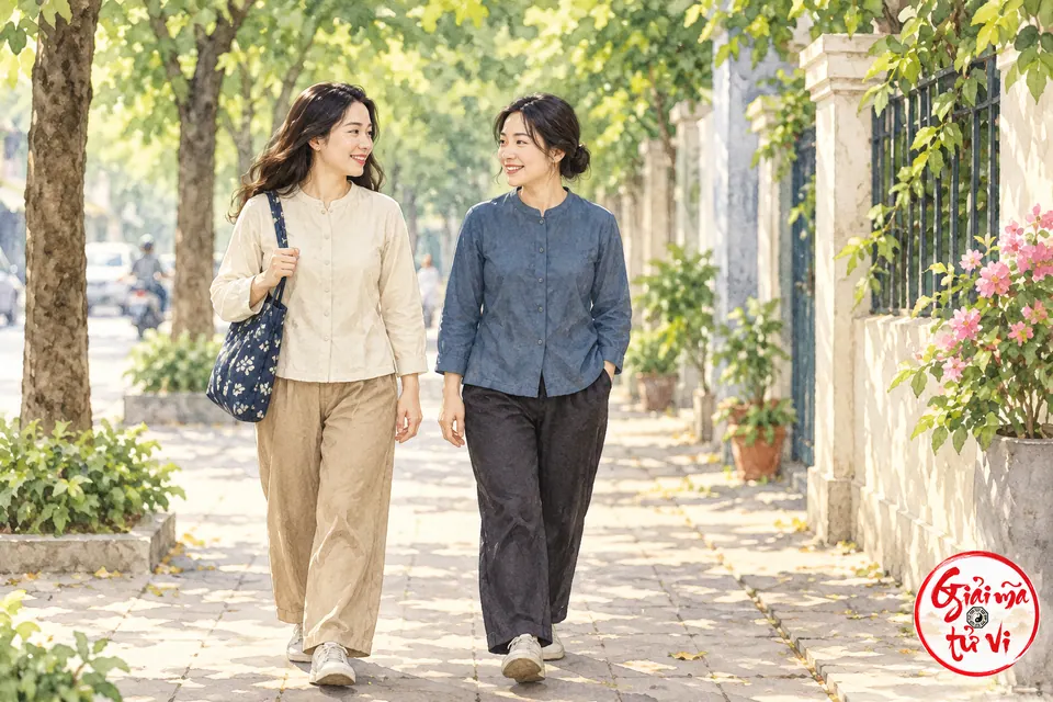 Hai người phụ nữ cùng đi bộ trên vỉa hè có cây xanh, một người mang túi vải