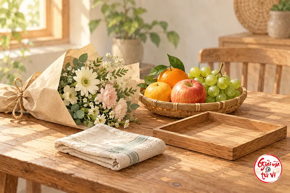 Bó hoa, giỏ trái cây, khăn gấp và khay trống trên bàn gỗ