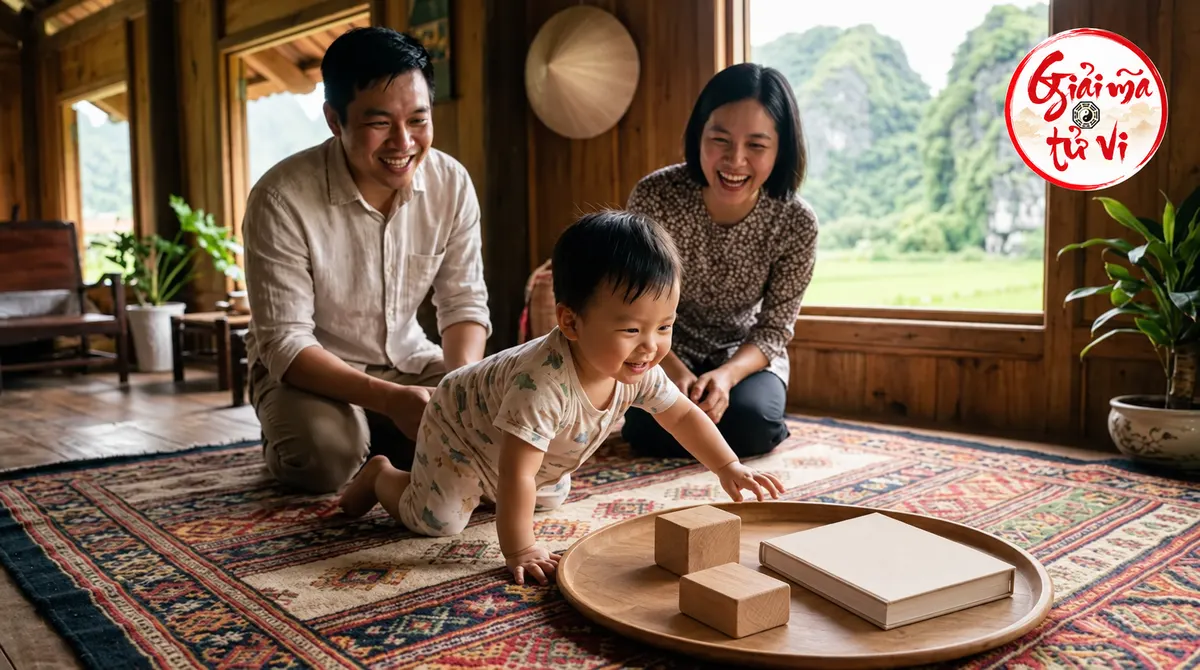 Bé bò trên thảm cạnh khay có hai khối gỗ và sách bìa trống, cha mẹ phía sau, logo góc trên phải