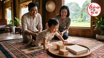 Bé bò trên thảm cạnh khay có hai khối gỗ và sách bìa trống, cha mẹ phía sau, logo góc trên phải