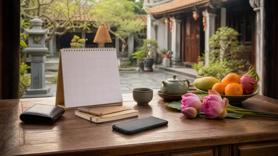 Lịch bàn ô trống, sổ bút, ví, điện thoại úp, ấm trà, sen và quả bên hiên sân