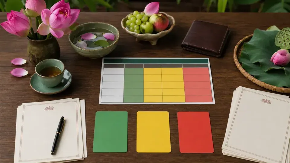 Bảng ô và thẻ xanh, vàng, đỏ không có chữ bên hoa sen, trà, ví và giấy trên bàn