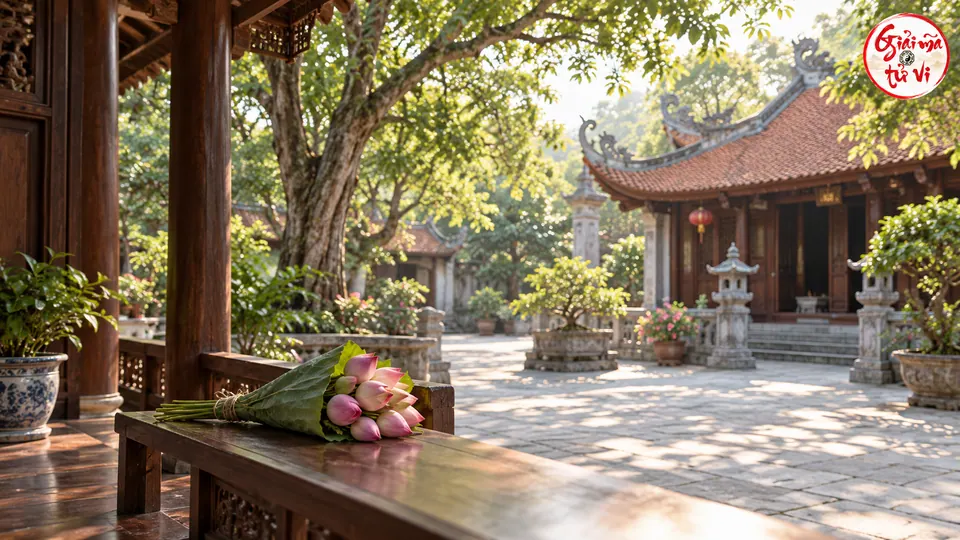 Hiên gỗ nhìn ra sân lát đá, mái ngói và cây xanh, bó sen trên ghế; logo góc trên phải