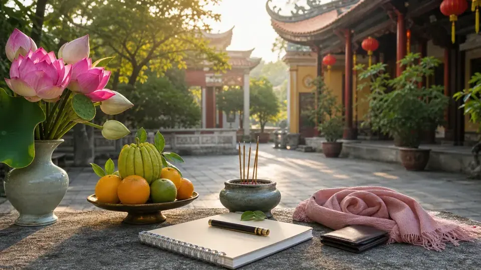 Hoa sen và khay quả cạnh bát hương, sổ bút, khăn và ví trên bậc sân nơi thờ tự