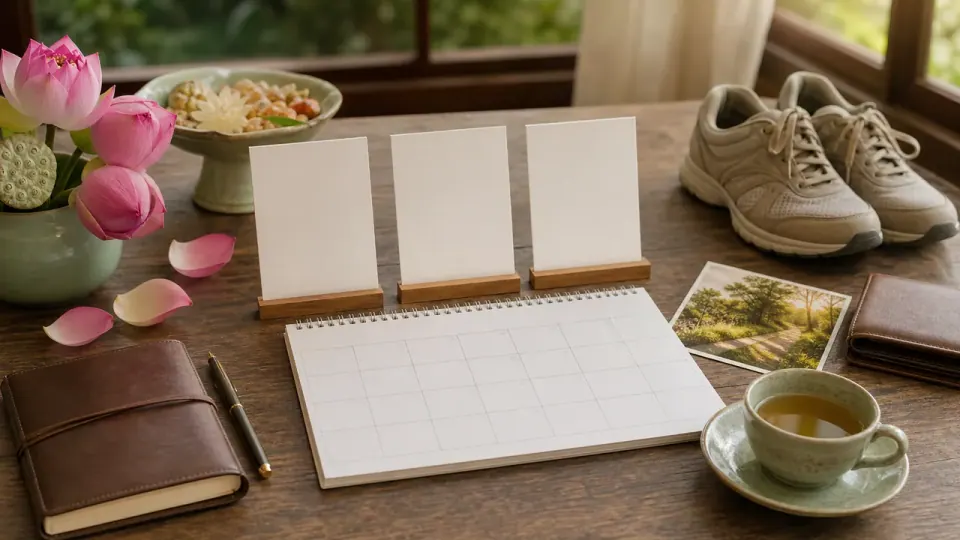 Ba thẻ trắng dựng trên giá cạnh lịch ô trống, giày đi bộ, sổ và chén trà