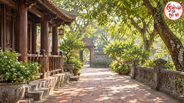 Lối gạch giữa hiên gỗ, lan can đá và cây xanh; logo góc trên phải