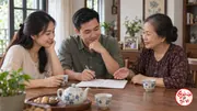 Hai người trẻ và một người lớn trao đổi quanh sổ mở trên bàn trà