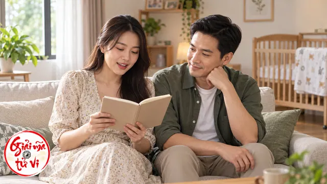 Người phụ nữ đọc sổ cạnh người đàn ông đang lắng nghe trong phòng có nôi