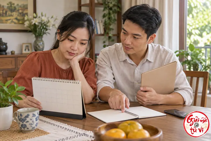 Hai người kiểm lịch và sổ cạnh bìa hồ sơ tại bàn trong nhà