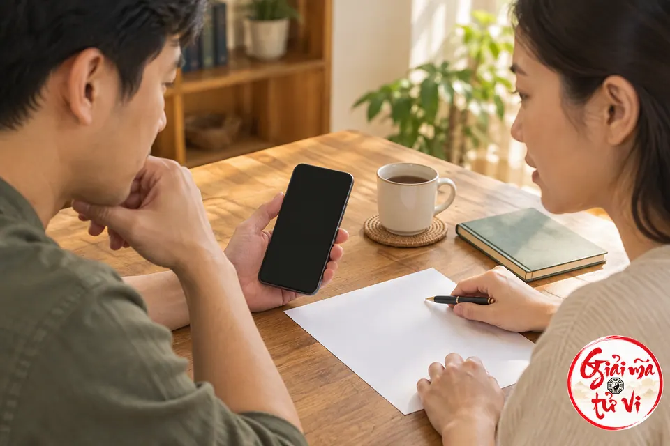 Hai người nhìn điện thoại màn hình tối bên tờ giấy trắng, bút, cuốn sổ đóng và cốc trên bàn