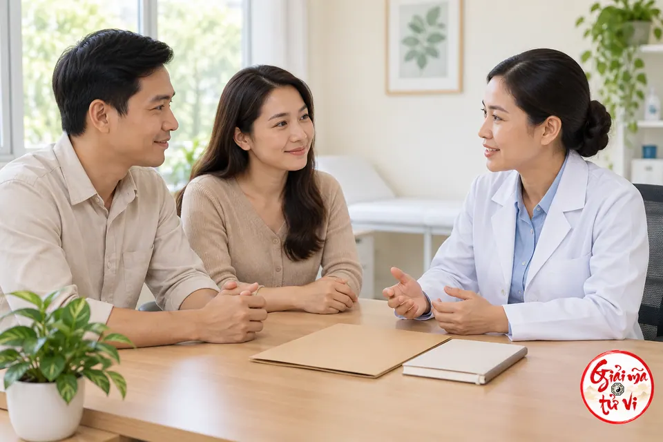Hai người trao đổi với một nhân viên y tế áo blouse, trên bàn có bìa hồ sơ và cuốn sổ; logo Giải Mã Tử Vi ở góc phải dưới