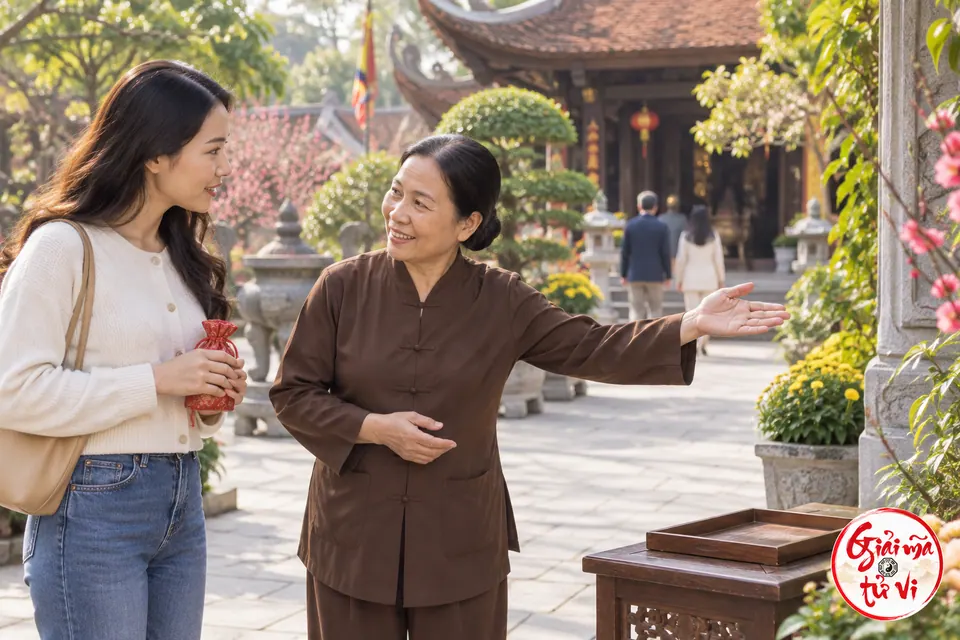 Người phụ nữ mang túi vải trao đổi với một phụ nữ lớn tuổi chỉ về lối đi ở sân nơi thờ tự