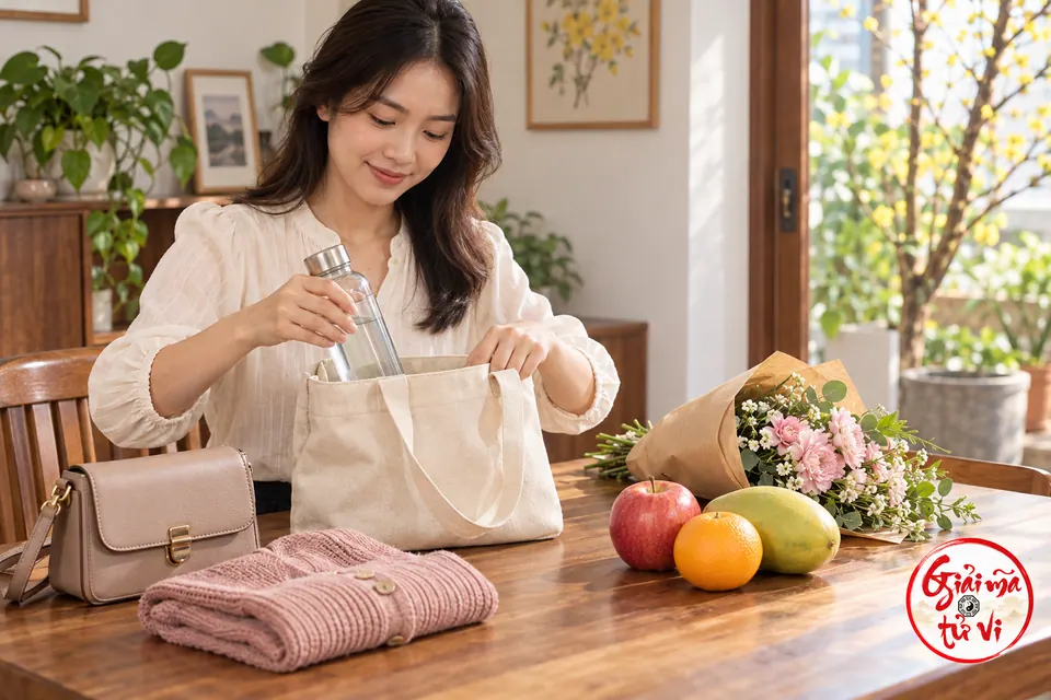 Người phụ nữ xếp chai nước vào túi vải trên bàn, cạnh đồ cá nhân, hoa gói giấy và vài quả