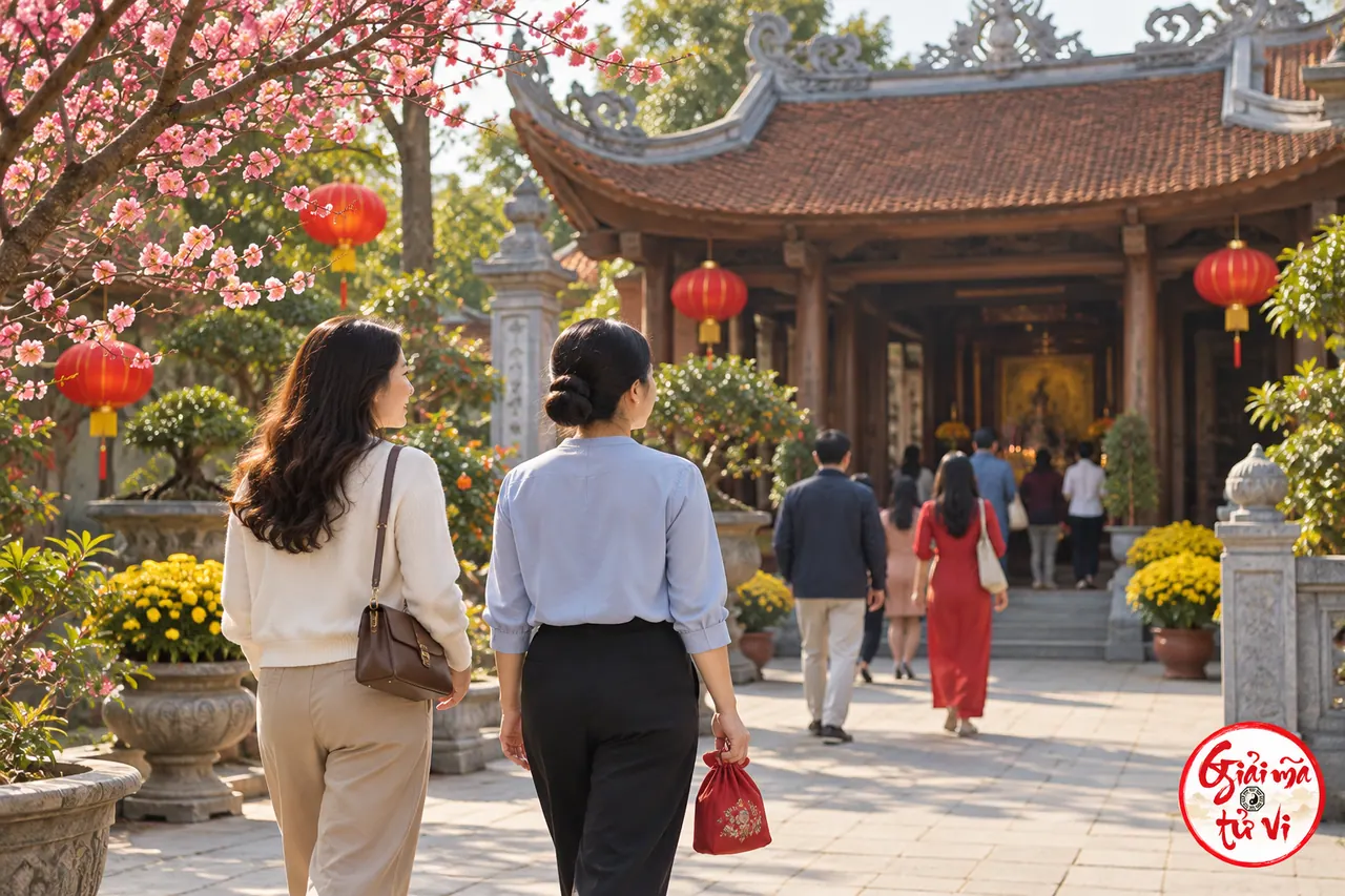 Hai người phụ nữ mang túi vải gọn đi về phía cổng một nơi thờ tự, dưới cây hoa và đèn lồng mùa xuân