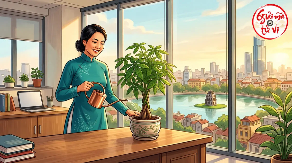 Người nữ mặc áo dài xanh tưới cây cạnh bàn gỗ, phía sau có cửa kính nhìn ra hồ và thành phố, logo góc phải