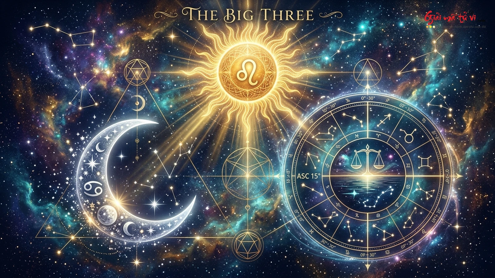 Tam giác thiên thể The Big Three với Mặt Trời hoàng kim, Mặt Trăng lưỡi liềm và Bánh xe Cung Mọc trong Chiêm Tinh Học