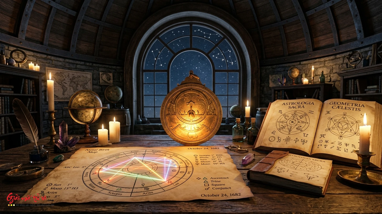 Bàn nghiên cứu chiêm tinh học với thước Astrolabe cổ và bản đồ sao chiếu sáng con đường thấu hiểu bản thân