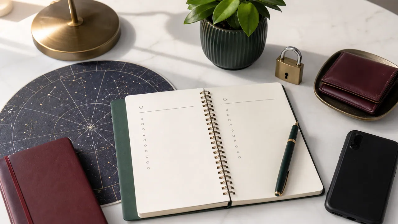 Sổ checklist trống, bản đồ sao, ổ khóa nhỏ, ví đóng, điện thoại úp và cây xanh trên bàn sáng