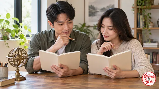 Hai người cùng đọc hai sổ riêng trên bàn cạnh thiên cầu đồng, logo góc phải dưới