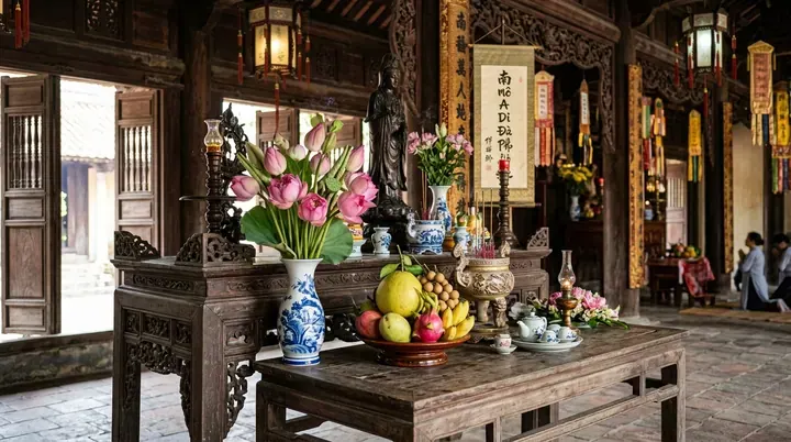 Bình sen, mâm quả và đồ thờ trên bàn gỗ trong gian thờ truyền thống