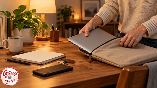 Người cất laptop đã đóng vào túi, điện thoại úp trên bàn, logo góc trái dưới