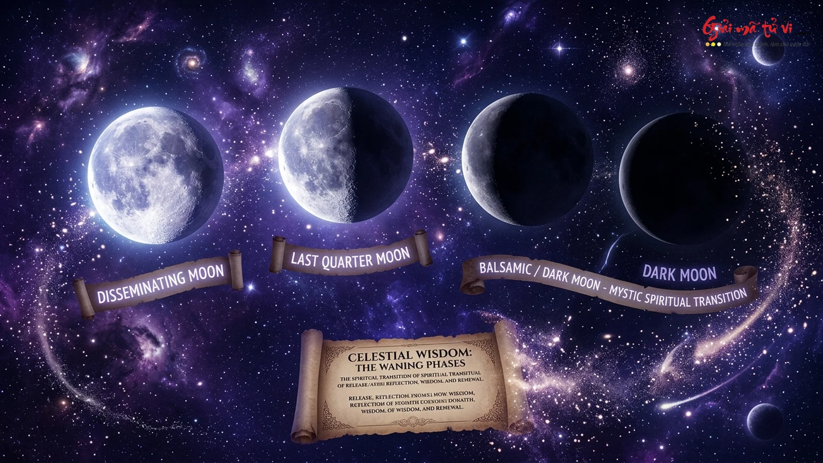 Bốn pha mặt trăng thu cụ Waning Moon Phases từ Trăng Khuyết Cuối Tháng đến Trăng Tàn Balsamic Moon biểu trưng cho sự truyền bá tri thức và thanh lọc