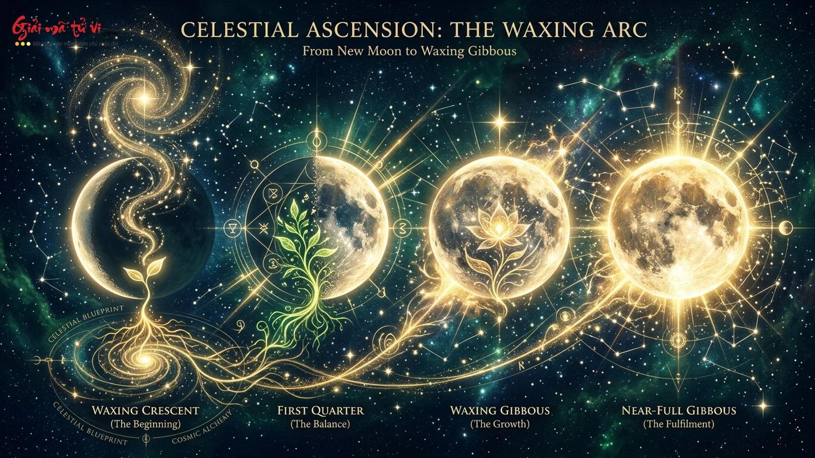 Bốn pha mặt trăng tăng trưởng Waxing Moon Phases từ Trăng Non đến Trăng Khuyết Đầu Tháng tượng trưng cho sự nảy mầm và kiến tạo