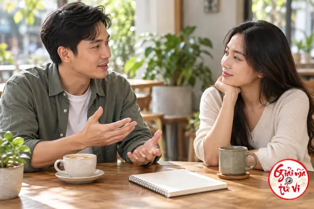 Hai người bạn trò chuyện bên sổ mở trên bàn cà phê