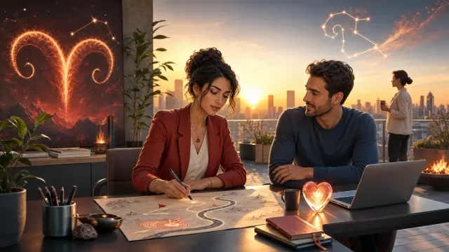 Hai người trao đổi trên bàn giấy cạnh máy tính, phía sau có ký hiệu Aries và đường sao