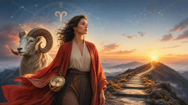 Người phụ nữ áo đỏ cầm la bàn cạnh cừu đực dưới ký hiệu Aries và đường núi lúc mặt trời lên