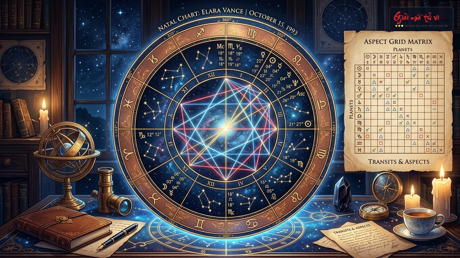 Bảng ma trận góc chiếu Aspect Grid và vòng tròn bản đồ sao cá nhân Natal Chart trong chiêm tinh học thực chiến