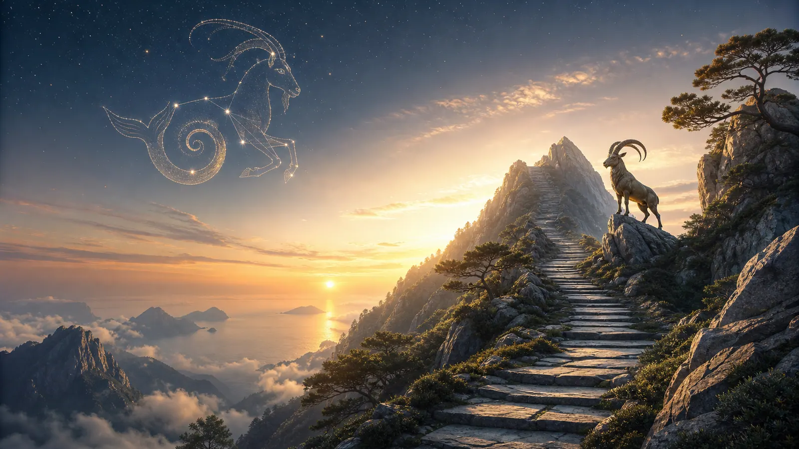 Chòm sao Ma Kết Capricorn biểu tượng con dê biển uy nghi giữa bầu trời đêm tĩnh lặng và những đỉnh núi hùng vĩ