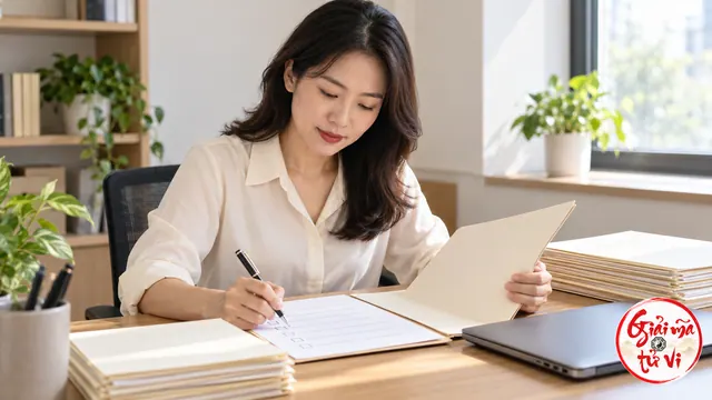 Người phụ nữ rà một tập hồ sơ và đánh dấu bảng kiểm trên bàn, có laptop đóng và logo Giải Mã Tử Vi ở góc dưới bên phải