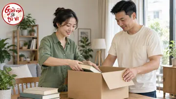 Hai người xếp sách vào thùng chuyển nhà, logo Giải Mã Tử Vi ở góc trái trên
