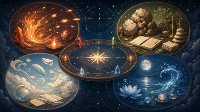 Bốn cảnh lửa, đá với sách và cân, trời với lông vũ và giấy, sóng biển dưới trăng quanh một vòng trang trí