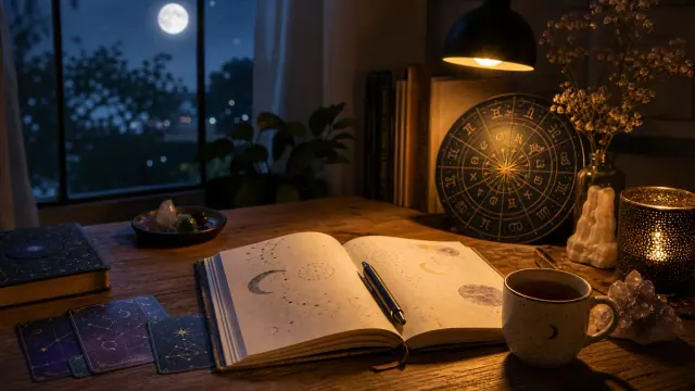 Sổ mở và bút trên bàn gỗ cạnh cốc, thẻ hình sao, đèn và vòng hoàng đạo, ngoài cửa sổ có trăng