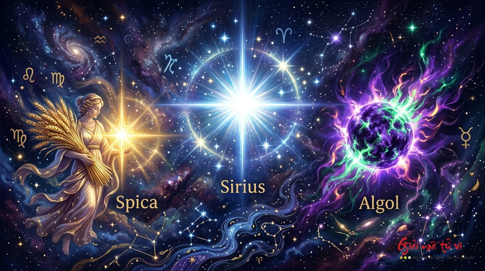 Bộ ba ngôi sao cố định huyền thoại Algol Đầu quỷ Medusa Sirius sao Thiên Lang và Spica bông lúa thần